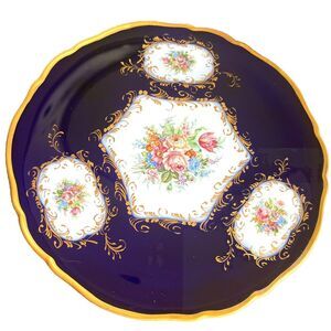 Vintage LIMOGES PATE Cobalt Porcelain Gold trim Pink Roses Large Blue Tray 13”